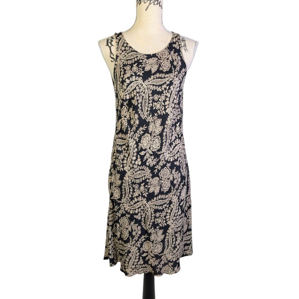 1990s Laura Ashley Black Beige Paisley Floral Viscose Dress Made in England